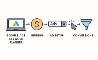 five Google Ads steps: keyword planner, bidding, ad setup, clicks, and conversions with flat icons a