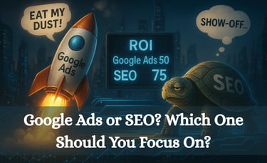 a rocket launching labeled “Google Ads” on other side a wise old turtle slowly walking