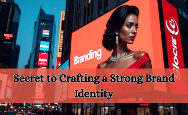 On a big Billboard a woman with TEXT Secret to crafting a strong brand identity