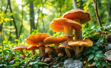  reishi, chaga, lion's mane, and turkey tail mushrooms, lush green foliage