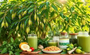 green smoothies and jar of moringa supplement under a moringa tree
