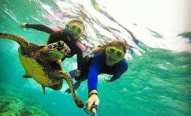 Tourists swimming and taking a selfie with a sea turtle during a Mnemba Island Zanzibar snorkeling tour