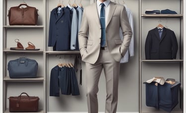 A well-organized clothing store with displays of neatly stacked shirts in various colors, mainly white, blue, and beige. Mannequins dressed in formal attire are placed around the store. Shelves are stocked with boxes and additional clothing items. Overhead lighting creates a warm atmosphere, and signs displaying prices are visible throughout the store.