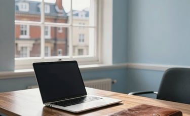 A clean, bright professional office interior in Bristol, UK. A mahogany desk holds a silver laptop and a leather-bound financial ledger. Soft morning sunlight streams through a large window overlooking Victorian brick architecture. The color palette features light blue and off-white tones, creating a sense of clarity and professionalism. High-quality photography, sharp focus.