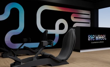 Une vue des simulateur et des éléments graphique se trouvant dans le stand