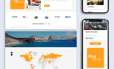 Responsive travel agency website design shown on desktop and mobile smartphone screens.