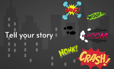 Cartoon sound effects and audio words spelt out colorfully to convey a story