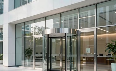 A wide-angle professional photograph of a contemporary corporate lobby featuring high-end glass and steel revolving doors. The lighting is bright and natural, reflecting an atmosphere of modern efficiency. The setting is a prestigious office building in an International / Global metropolitan center, with minimalist architectural details in white and pale blue tones.