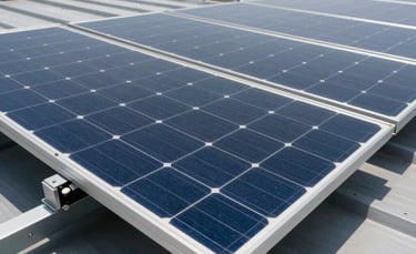 A close-up photograph of high-efficiency industrial solar panels featuring sleek silicon cells and metallic frames. The shot is taken in bright daylight on a modern factory roof in a North American / Industrial setting, showcasing precision manufacturing with electric blue and steel gray tones.