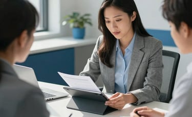 A professional North American mortgage consultation in a bright, sunlit office. A consultant is reviewing digital documents on a tablet with clients. The atmosphere is supportive and expert. Interior features clean lines, muted blue accents, and sophisticated light blue-grey tones.