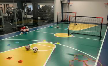 Area multisport della palestra Move 2 Grow a Milano con campo colorato, porte da calcio, palloni e attrezzature per allenamen