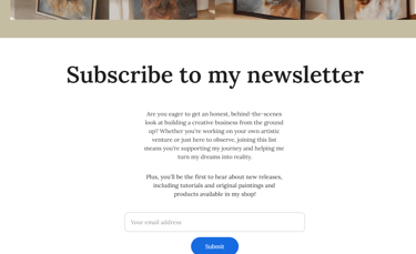 A screen shot showing a page on Alex's website where you can subscribe to her newsletter