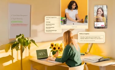 a woman sitting at a desk with a laptop and a phone brainstorming for social media
