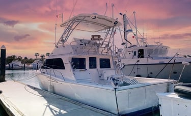 a boat docked at a dock with a pink sky