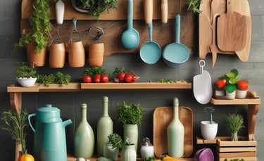 A variety of wooden kitchen items and wicker baskets displayed outside a store. Several stacks of cutting boards, baskets filled with terracotta pots, and other kitchen tools are neatly arranged on the concrete pavement. The background has red double doors and various shelves with more items inside the shop.