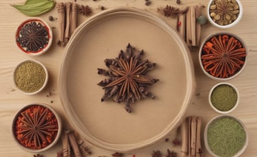 A collection of various spices displayed in small bowls on a textured cloth background. The spices range in colors and textures, including crushed seeds, dried herbs, and finely ground powders. The arrangement creates a natural and rustic culinary setting.