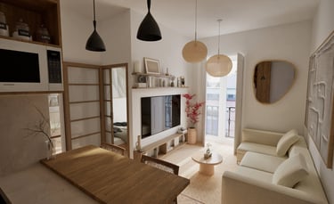 Render 3D salón luminoso con muebles claros y lámparas negras, estilo japonés nórdico