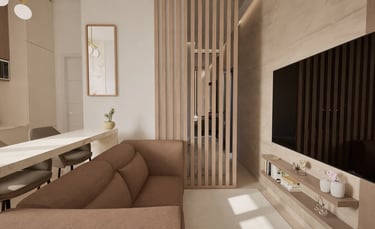 Render 3D de salón con sofá terracota, listones separadores y TV mural