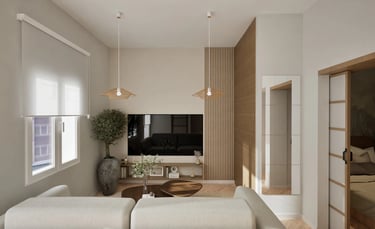 Render 3D de salón-comedor con mueble TV y paneles listonados