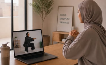 Femme coach sportive musulmane en séance de coaching fitness premium en visio à domicile