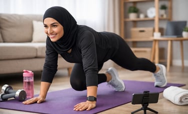 Femme musulmane réalisant un exercice de fitness d'un programme en ligne avec son smartphone