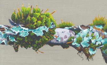a painting of a tree branch with bright green moss and teal lichen.