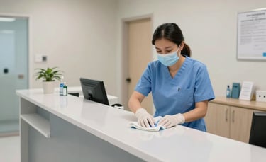 A wide-angle photography shot of a bright North American / US medical clinic reception area in Brooklyn. A professional cleaner wearing a light blue uniform and protective gloves is carefully wiping down a high-touch counter surface. The environment is impeccably clean, featuring soft gray and white tones that reflect medical-grade hygiene standards.