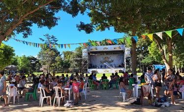 Crowd at an outdoor festival sitting under trees facing a stage with colorful party bunting.