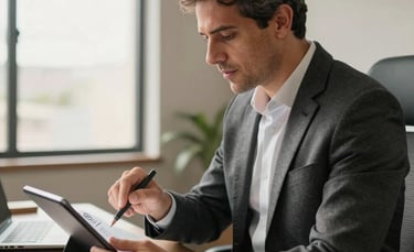 A professional South American career coach in a modern office in Brazil, using a tablet to review a resume, warm natural morning light, professional attire, clean and empathetic atmosphere.