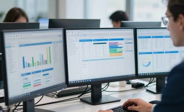 A professional business setting in a Central European / Slovak office with a desk featuring high-end computer monitors displaying clean data analytics. The lighting is bright and natural, reflecting a mood of innovation and stability. The color palette incorporates shades of sky blue and dark navy blue.