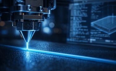 Macro photo of a 3D printer nozzle calibrating first layer adhesion and slicer software G-code setti