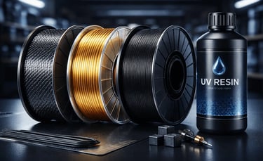 Professional display of 3D printing materials including PLA, PETG, TPU filament spools, and UV liqui