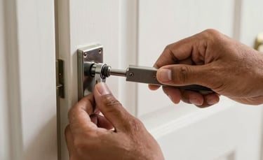 Close-up photography of a professional locksmith's hands using specialized metallic tools to repair a door lock in a South American / Brazilian home. Bright natural light, clean composition, focus on the intricate lock mechanism and steady hands.
