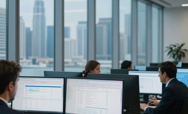 A professional business setting in a modern Dubai office tower with floor to ceiling windows, high-tech computer monitors displaying clean data analytics and search engine optimization dashboards, cinematic lighting with royal blue and white tones, North American / European / Middle Eastern professional atmosphere.