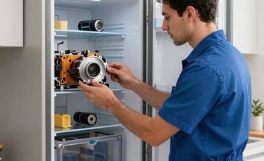 A professional technician in a blue uniform inspecting the internal components of a high-end refrigerator in a modern Middle Eastern kitchen. The scene is bright and clean with slate gray and off-white accents, conveying efficiency and reliability.