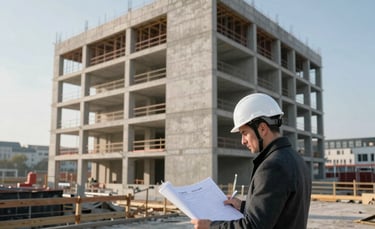 A wide angle shot of a modern construction site in a Central European city. A professional architect in a white hard hat and a charcoal grey coat is inspecting blueprints. In the background, a concrete structure rises against a clear morning sky. The lighting is crisp, and the color palette features shades of off-white and blue-grey.