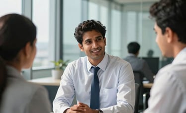 A professional South Asian recruiter in a modern glass office in Mumbai, interviewing a candidate. The scene is bright with natural sunlight, featuring professional attire, a clean steel blue and white color palette, and a focus on human connection and trust.