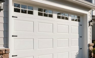 A close-up photograph of a modern, clean white sectional garage door being professionally installed on a North American suburban home. Bright morning sunlight, high-quality steel materials, focused on precision and craftsmanship.
