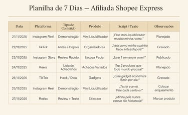 Planilha de 7 dias para afiliada Shopee Express com cronograma de posts no Instagram e TikTok.