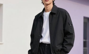 A stylish, confident influencer in high-end streetwear posing in a minimal, modern urban setting. Soft natural light, high-fashion aesthetic, Global / International look, with subtle white and light purple tones in the background.
