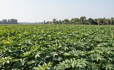 A serene farm pond reflecting the blue sky with green trees around, hinting at natural farming