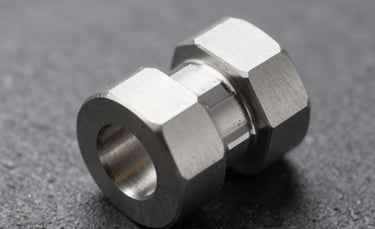 A sharp, high-angle macro photograph of a precision-cut silver steel component on a dark grey stone surface. Soft, professional studio lighting highlights the metallic texture and clean edges. The composition is minimalist and high-end, reflecting an international English-speaking industrial quality.