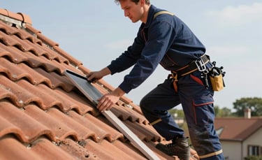 A professional roofer in navy blue workwear inspecting terracotta tiles on a traditional French house. Bright daylight, clear sky, focusing on the detail of the roof's edge and the craftsman's precision.