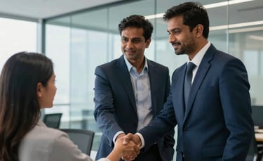 A professional South Asian / Indian man in a tailored suit shakes hands with a candidate in a bright, modern glass-walled office in Mumbai. The scene is filled with soft natural light and features subtle deep blue and soft blue accents in the office decor.