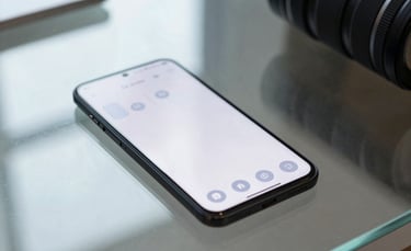 A close-up professional photography shot of a high-end Android smartphone on a minimalist glass desk in a North American corporate setting. The screen glows with a clean, cloud-white interface and subtle muted blue gray buttons. Natural morning light spills across the surface.
