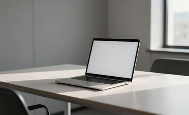 Photography of a modern, minimalist North American office workstation with a sleek laptop on a light gray desk, soft morning light, professional atmosphere, clean composition.