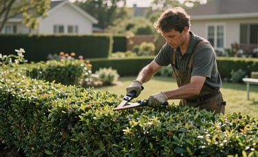 Photography of a professional landscaper pruning a healthy boxwood hedge in a sunny North American suburban garden, serene atmosphere, soft afternoon sunlight, natural colors like forest green and olive mist.