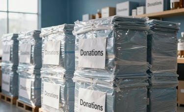 Clean, high-quality photo of a donation center, neatly stacked supplies in a bright North American warehouse, optimistic morning light, slate blue accents.