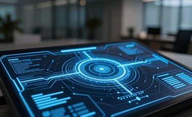 A close-up of a high-tech holographic interface with electric blue glowing lines on a deep black background, set in a modern South American corporate office at night.