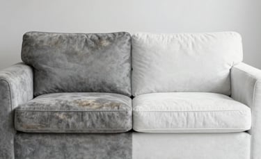 A wide, horizontal photograph of a large, modern grey sofa in a brightly lit South American living room. The image shows a stark comparison: the left half of the sofa is visibly stained and dingy, while the right half is pristinely clean, restored to its original bright texture. No people or equipment shown. Clean, professional composition.